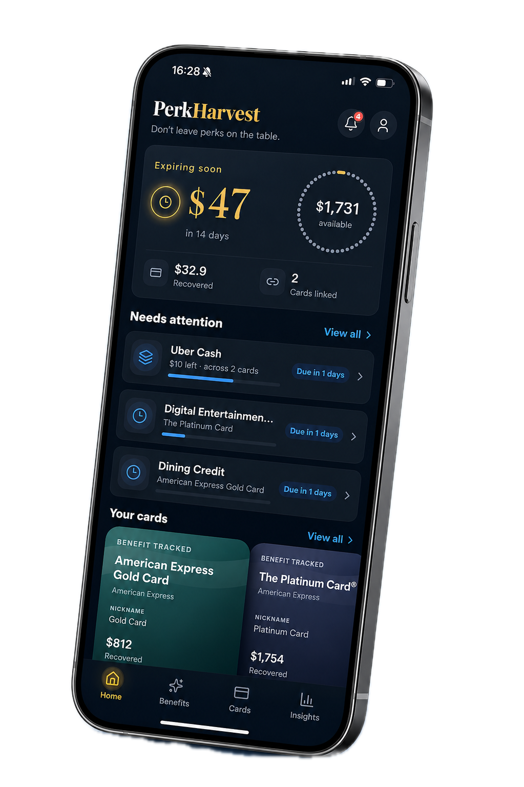 PerkHarvest home screen showing recovered credits, an expiring-soon total, and benefits that need attention